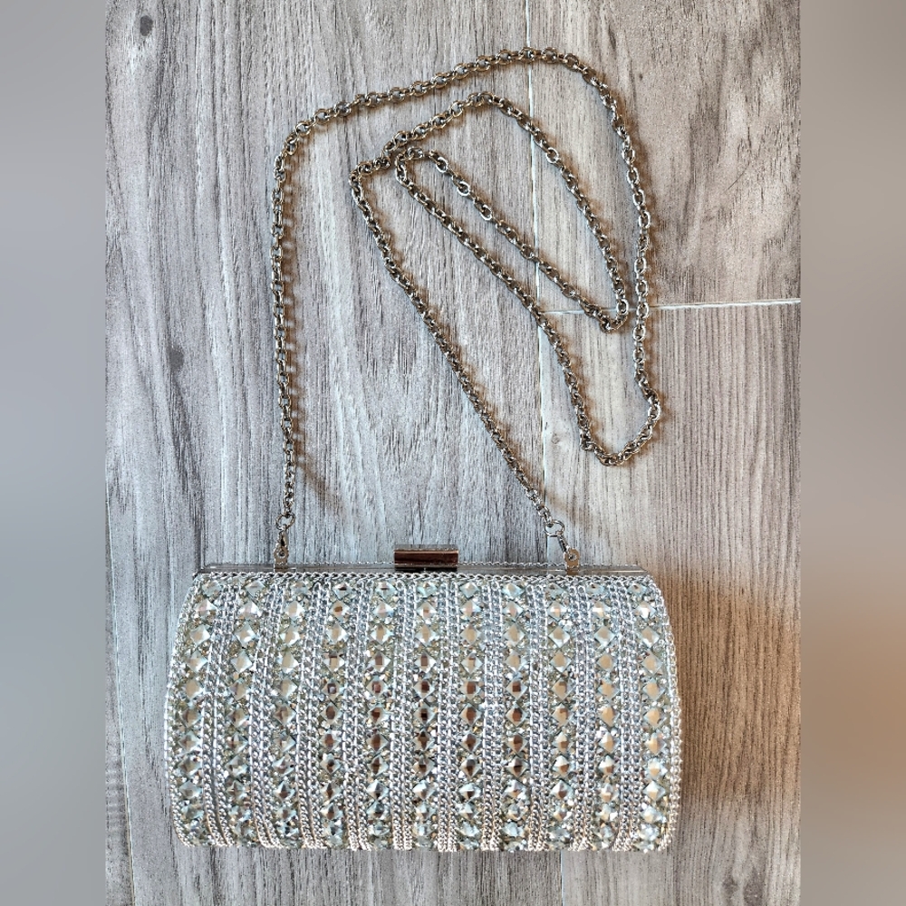 INC Silver Bejeweled Evening Clutch/Shoulder Bag